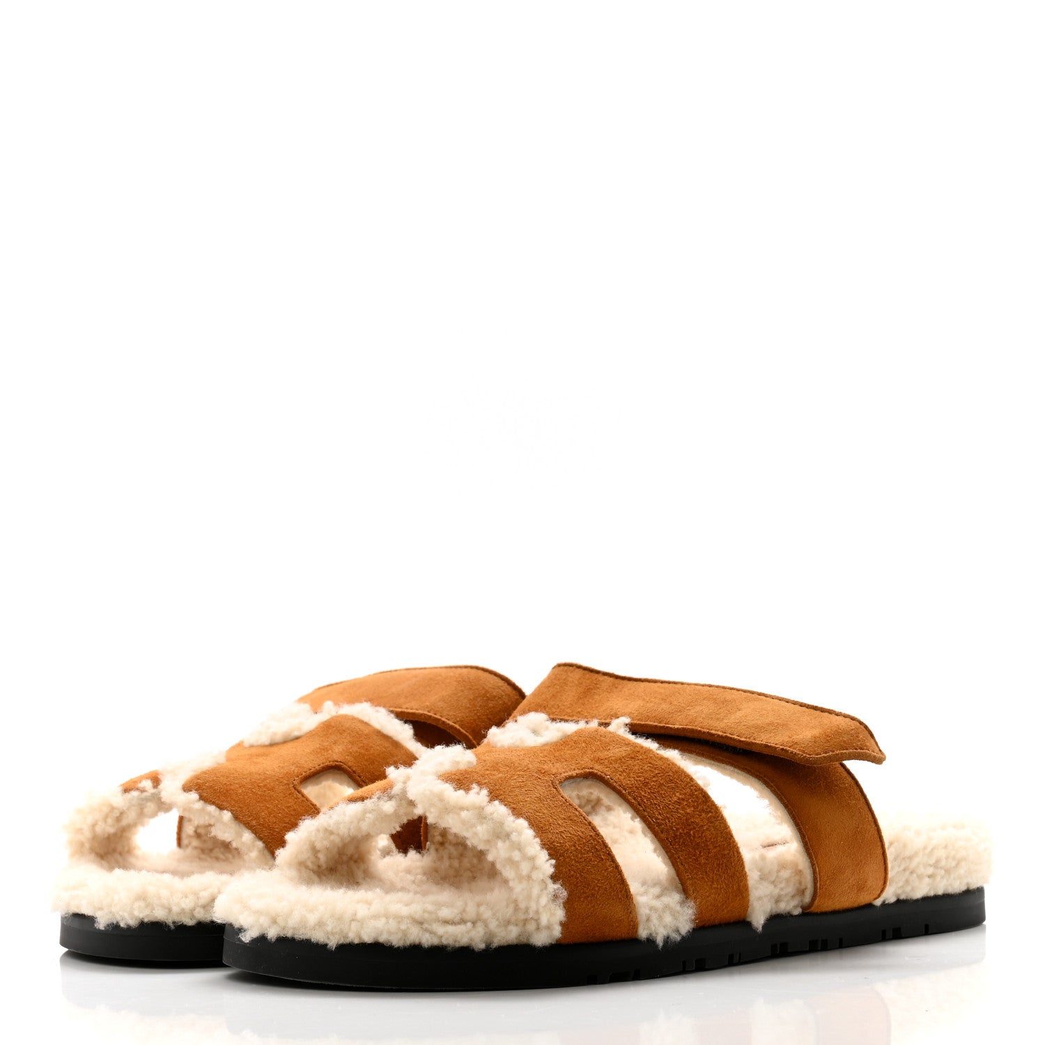 Hermes Suede Goatskin Woolskin Womens Chypre Sandals 38 Brun Fume Ecru 3 of 8
