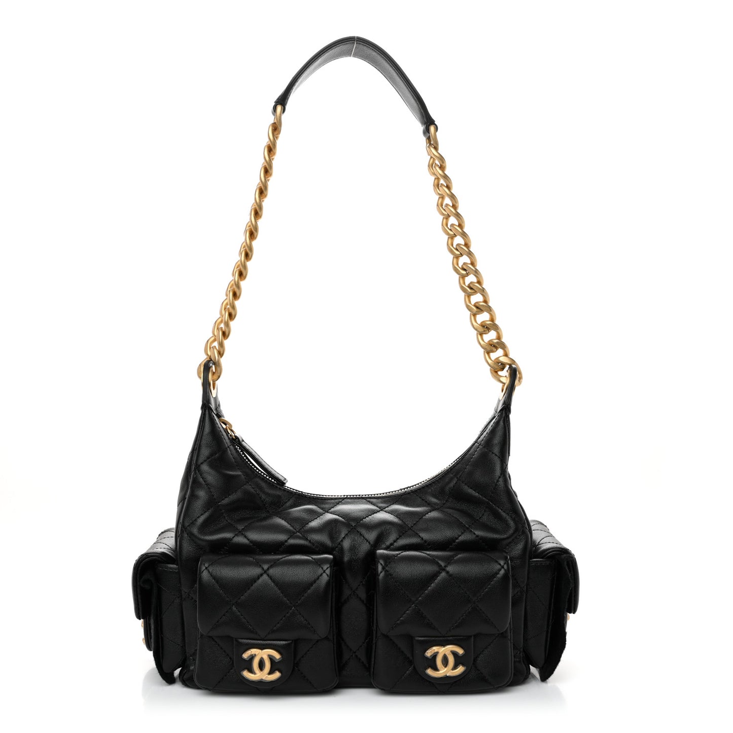Shiny Lambskin Quilted Trendy Pockets Hobo Black