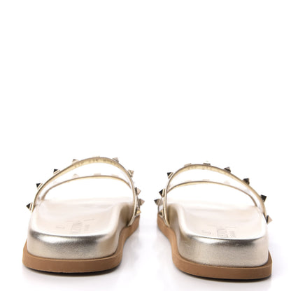 Valentino Garavani PVC Metallic Nappa Rockstud Moonwalk Flat Slide Sandals 37.5 Platino Transparent 6 of 10