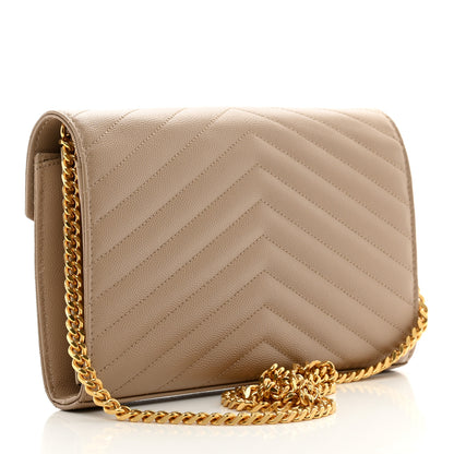 Saint Laurent Grain De Poudre Matelasse Chevron Monogram Chain Wallet Dark Beige 3 of 10