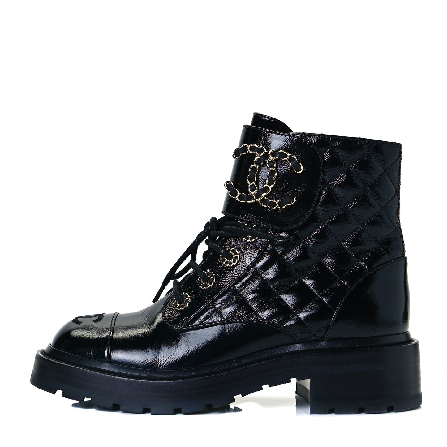Shiny Calfskin Quilted Lace Up Combat Boots 36 Black