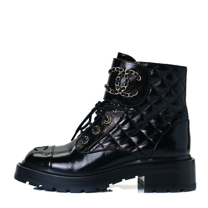 Chanel Shiny Calfskin Quilted Lace Up Combat Boots 36 Black 1 of 7