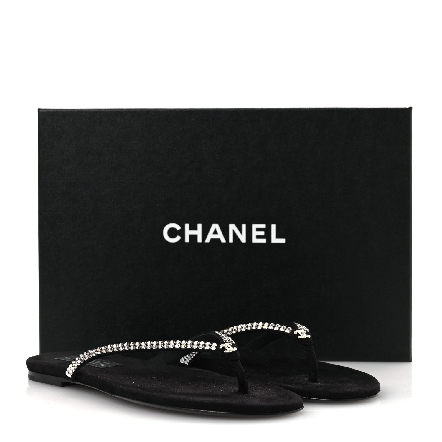 Chanel Suede Kidskin Strass CC Thong Sandals 36.5 Black 38.5 Black 11 of 11