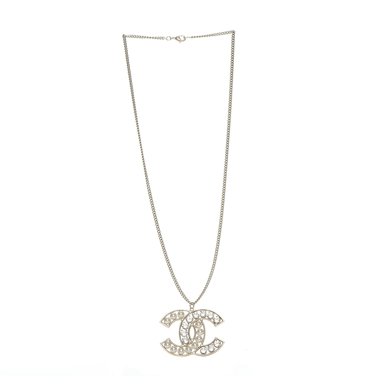 Crystal Pearl CC Pendant Necklace Gold