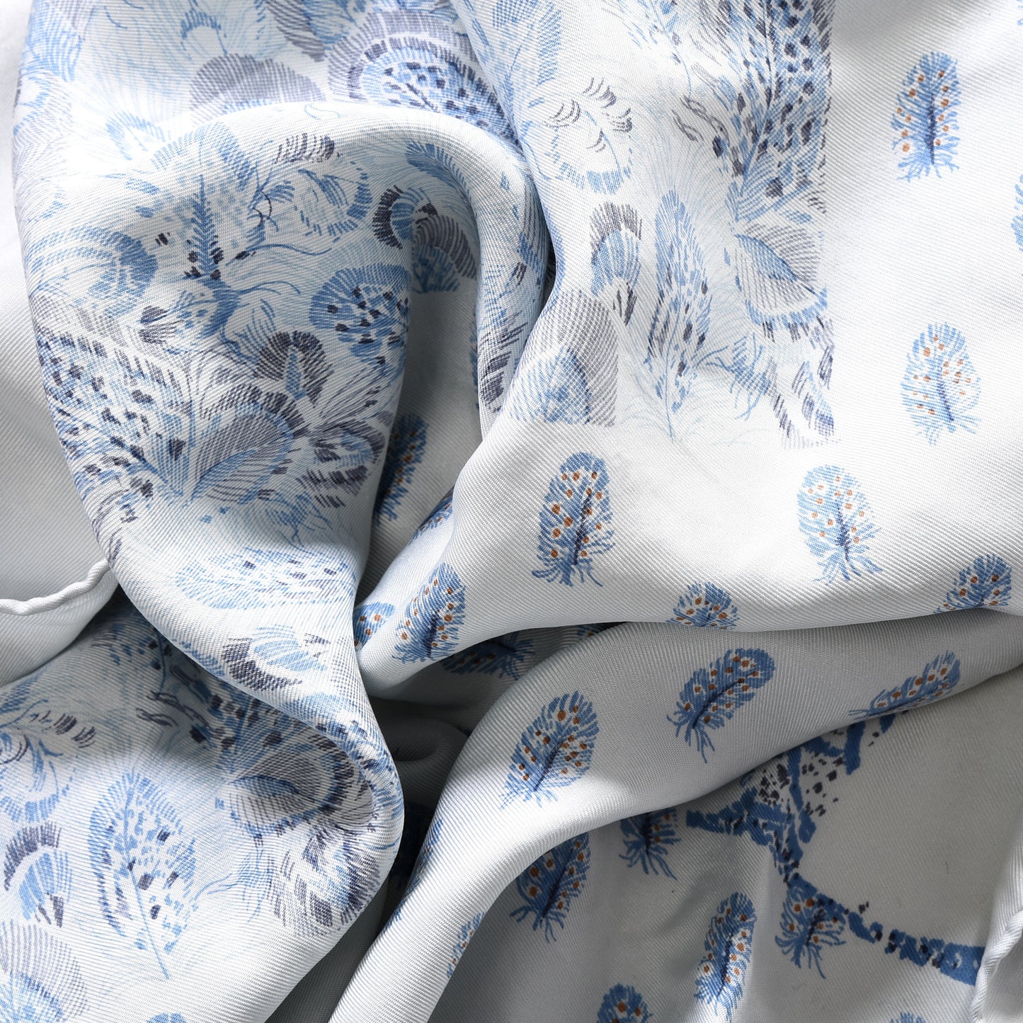 Silk Feathers Square Scarf White Blue