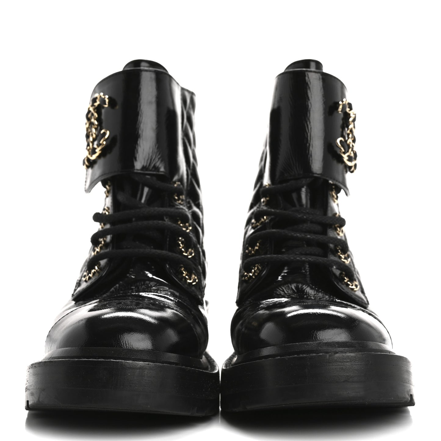 Shiny Lambskin Quilted Lace Up Combat Boots 37 Black