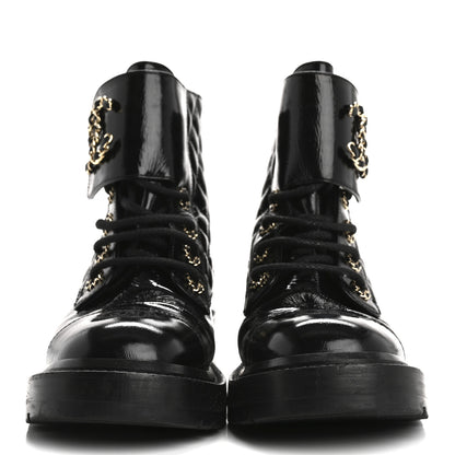 Chanel Shiny Lambskin Quilted Lace Up Combat Boots 37 Black 3 of 15