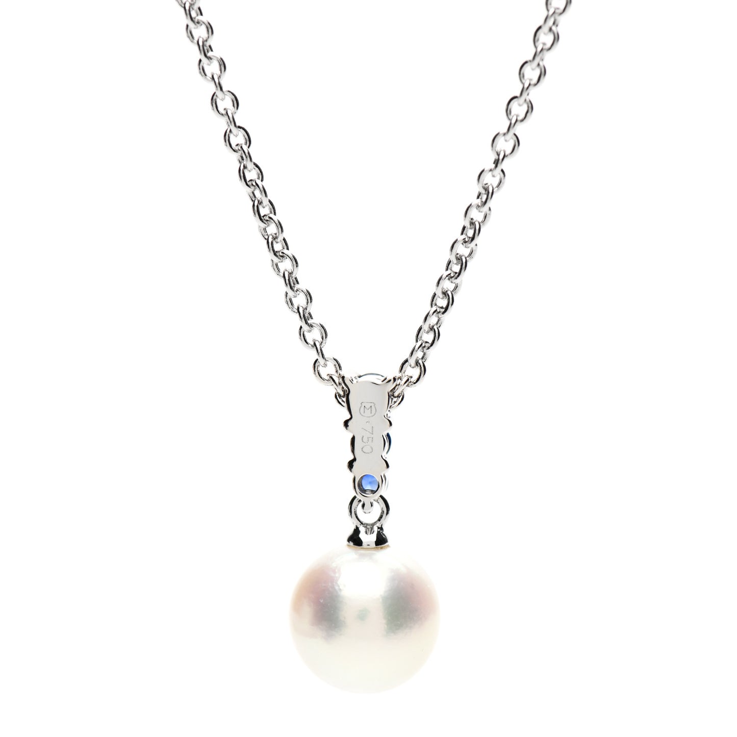 18K White Gold Blue Sapphire Akoya Pearl 8-8.5mm Morning Dew Pendant Necklace