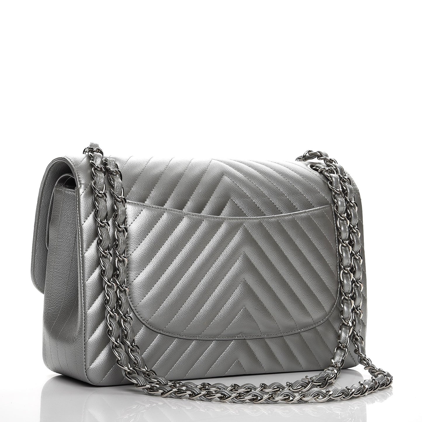 Metallic Caviar Chevron Quilted Jumbo Double Flap Silver