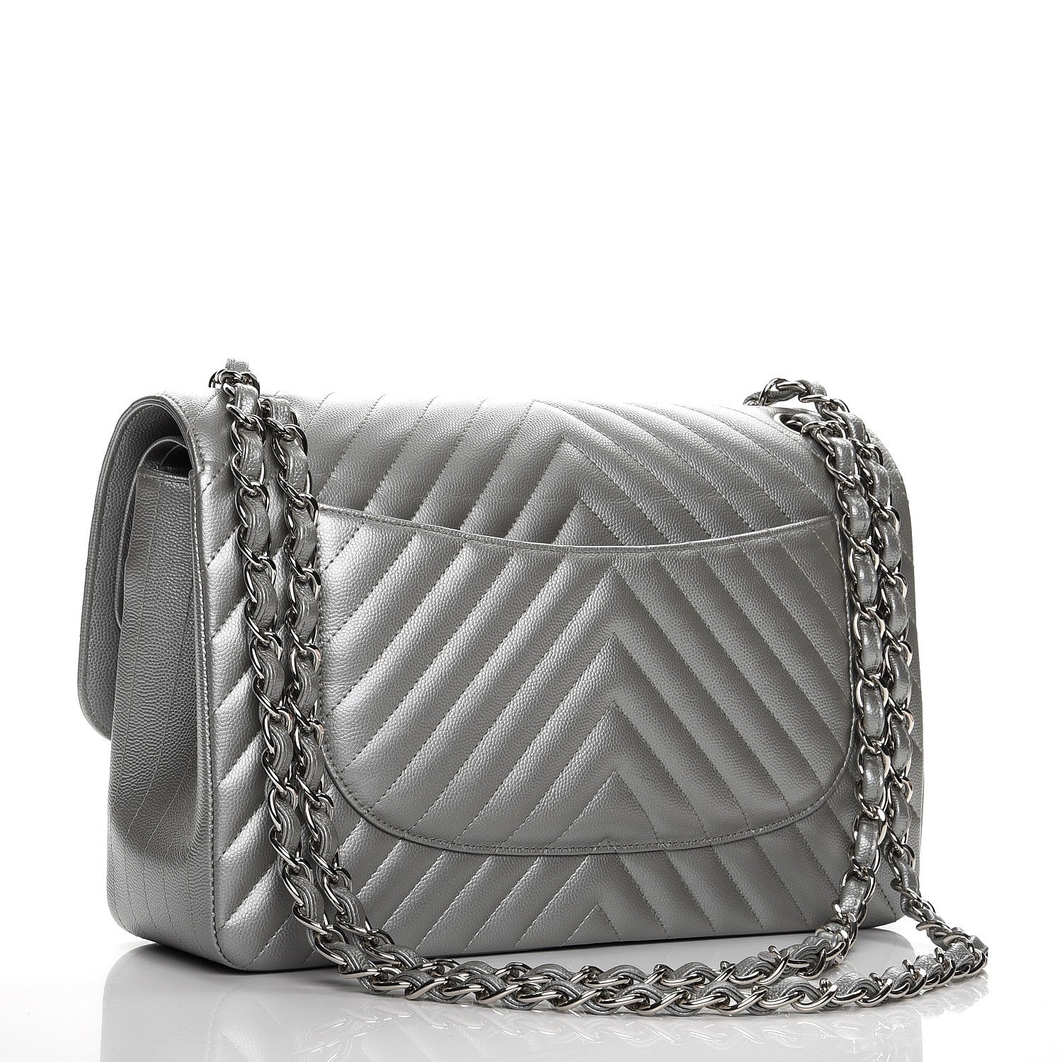 Chanel Metallic Caviar Chevron Quilted Jumbo Double Flap Silver 3 of 10