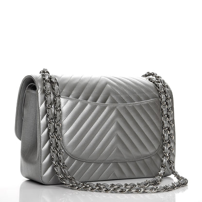 Chanel Metallic Caviar Chevron Quilted Jumbo Double Flap Silver 3 of 10