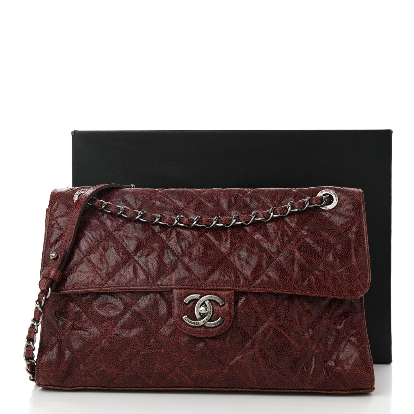 Crumpled Grained Calfskin Jumbo CC Crave Flap Burgundy