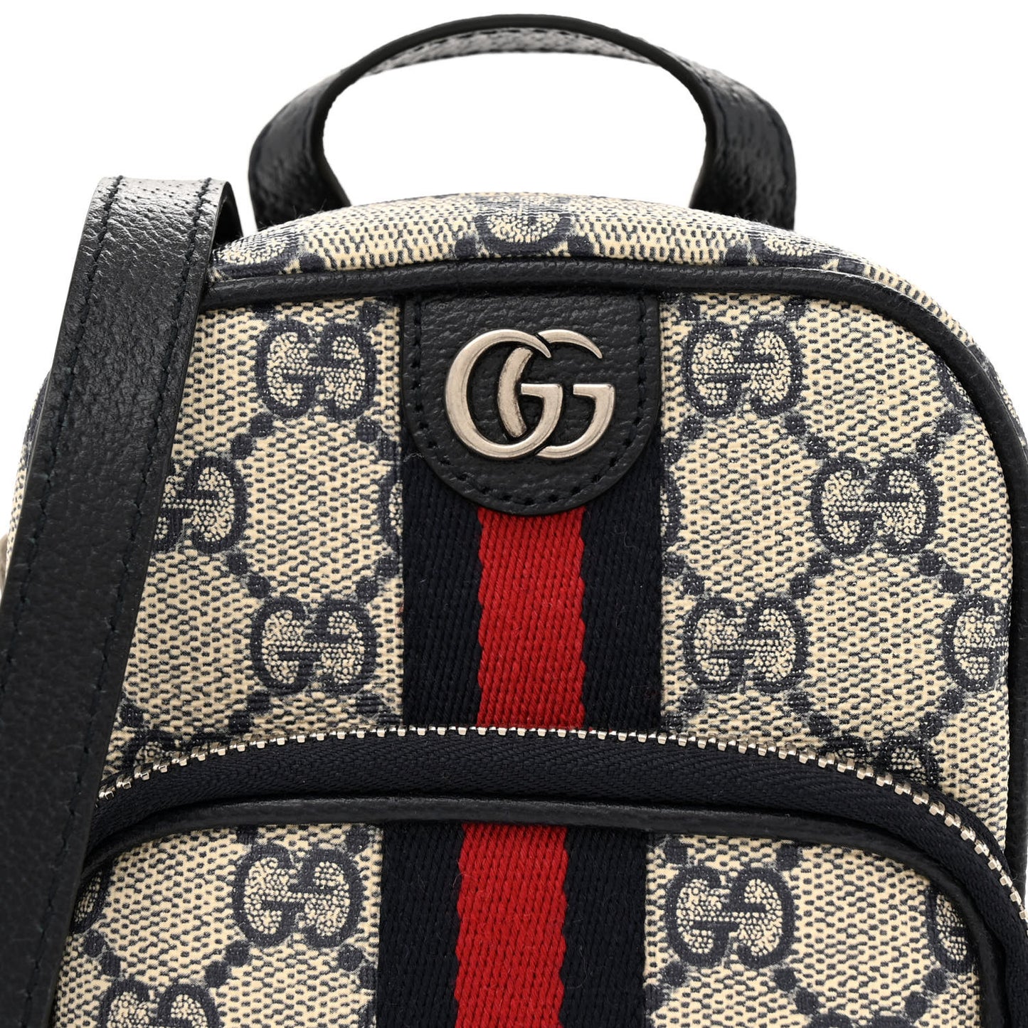 GG Supreme Monogram Textured Dollar Calfskin Web Mini Ophidia Double Zip Messenger Bag Beige Blue
