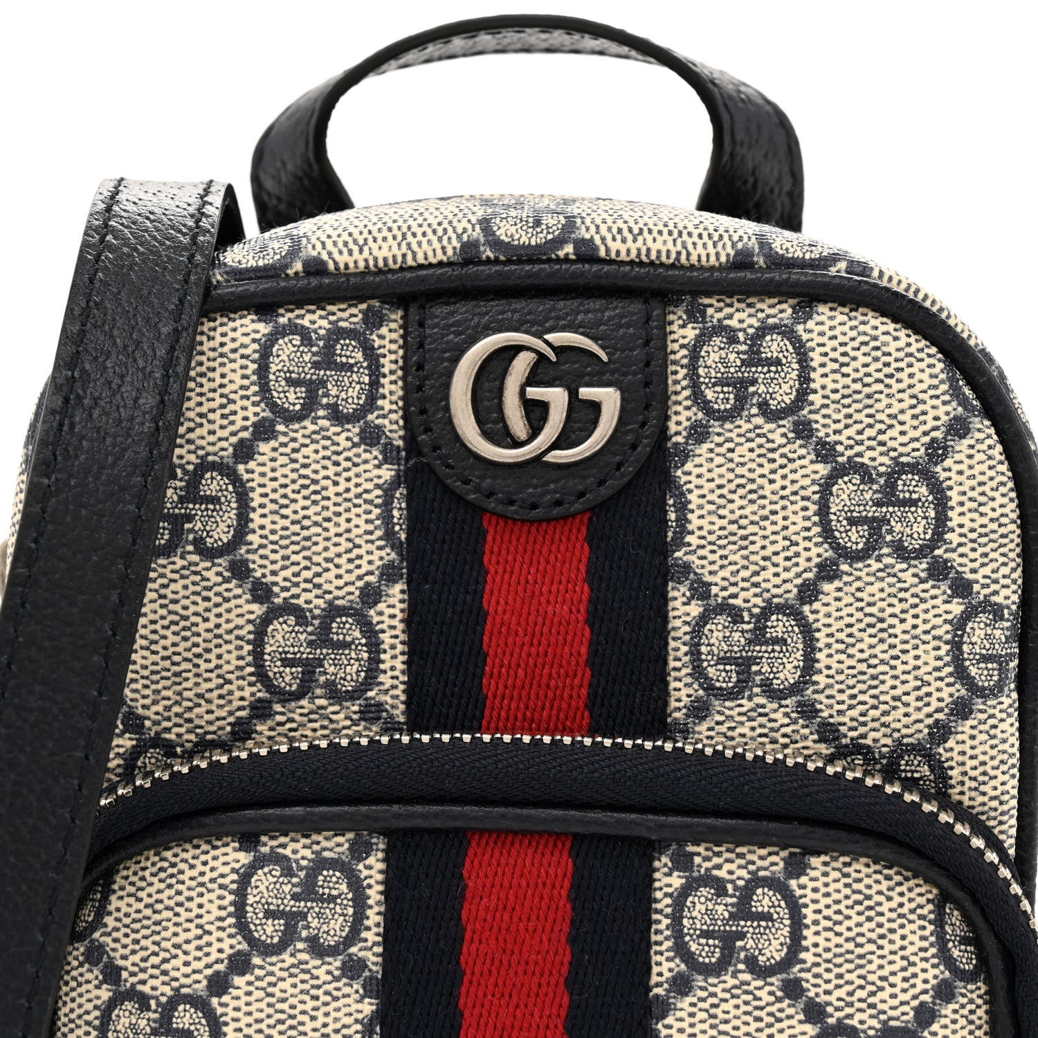 Gucci GG Supreme Monogram Textured Dollar Calfskin Web Mini Ophidia Double Zip Messenger Bag Beige Blue 8 of 10