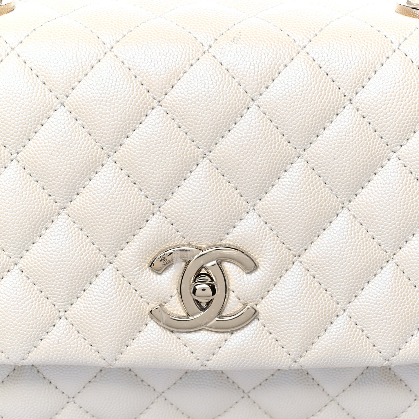 Iridescent Caviar Quilted Small Coco Handle Flap White