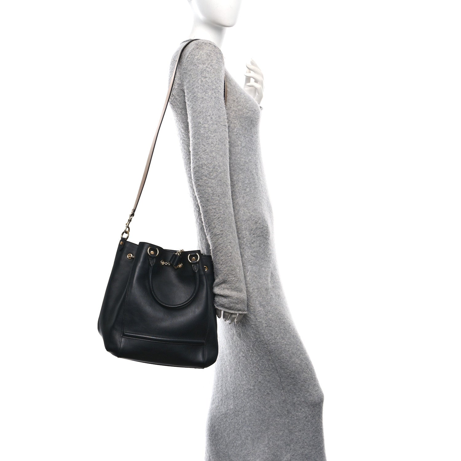Fendi Vitello Grace King Karligraphy Chain Bucket Bag Black Bisquit 2 of 11