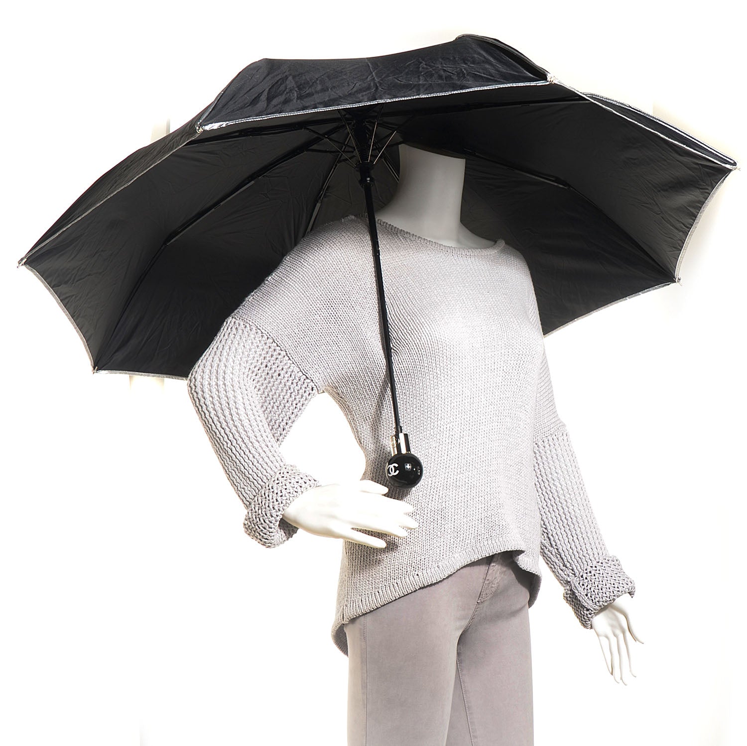 Chanel Nylon Large Umbrella with Crossbody Quilted Nylon Chain Pouch Black 2 of 11