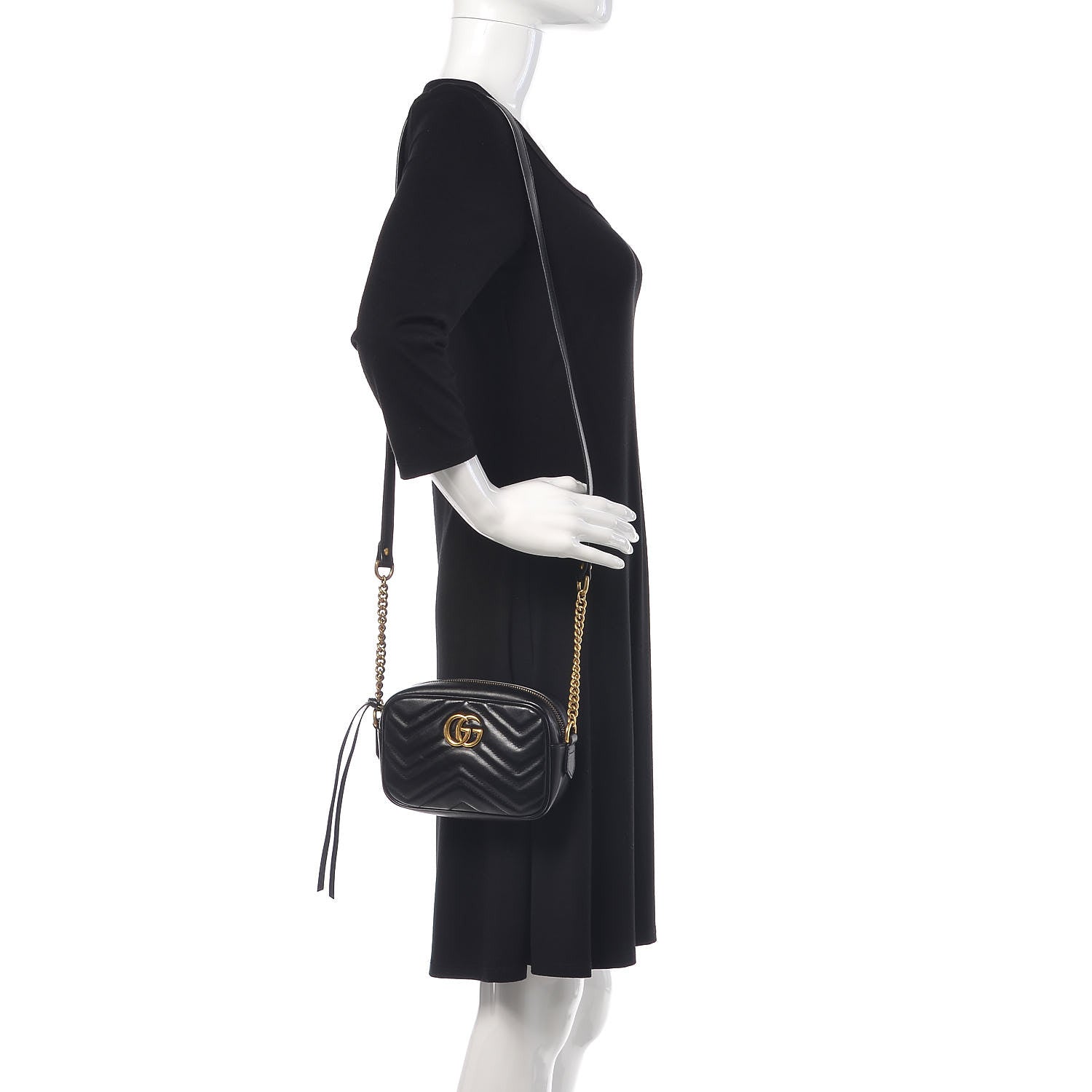 Gucci Calfskin Matelasse Mini GG Marmont Chain Shoulder Bag Black 2 of 11