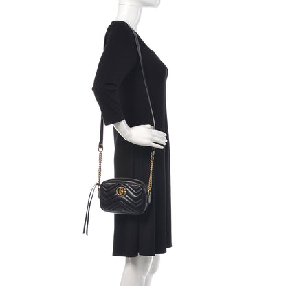 Gucci Calfskin Matelasse Mini GG Marmont Chain Shoulder Bag Black 2 of 11