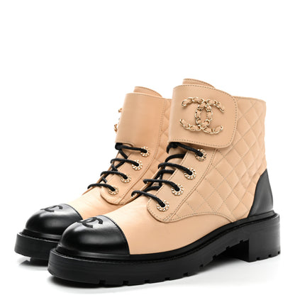 Chanel Lambskin Calfskin Quilted Lace Up Combat Boots 41 Beige Black 3 of 16