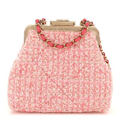 Chanel Tweed Kiss Lock Phone Holder With Chain Pale Pink Ecru 1 of 10