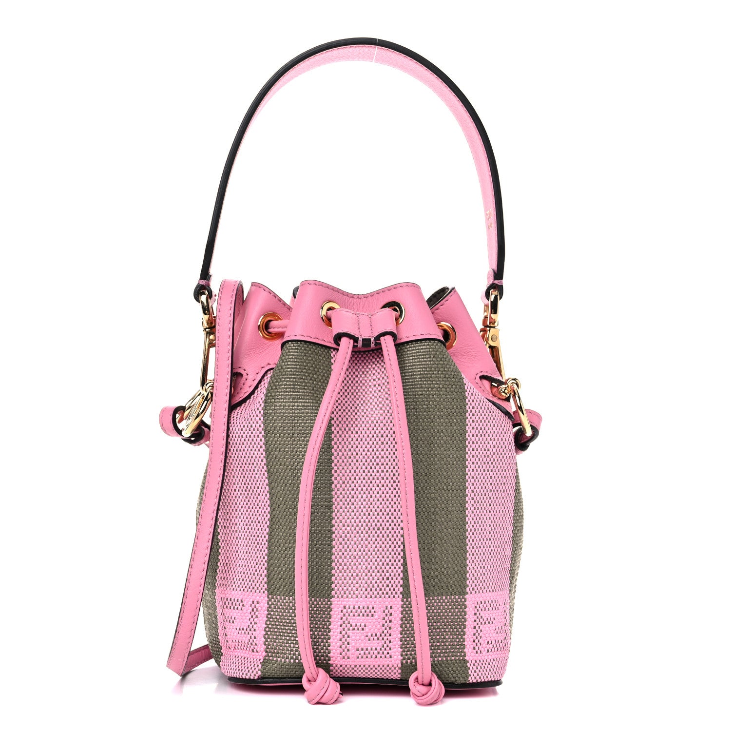 Fendi Raffia Vitello Seta F is Fendi Pequin Gingham Woven Mini Mon Tresor Bucket Bag Military Rosa Lollypop 1 of 10