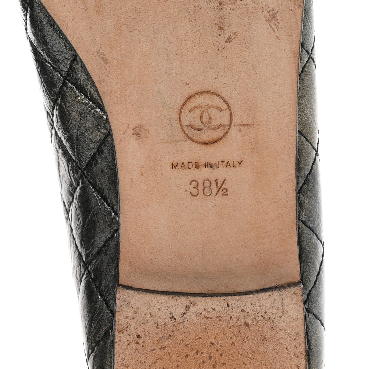 Metallic Aged Calfskin Quilted CC Cap Toe Ballerina Flats 38.5 Dark Silver