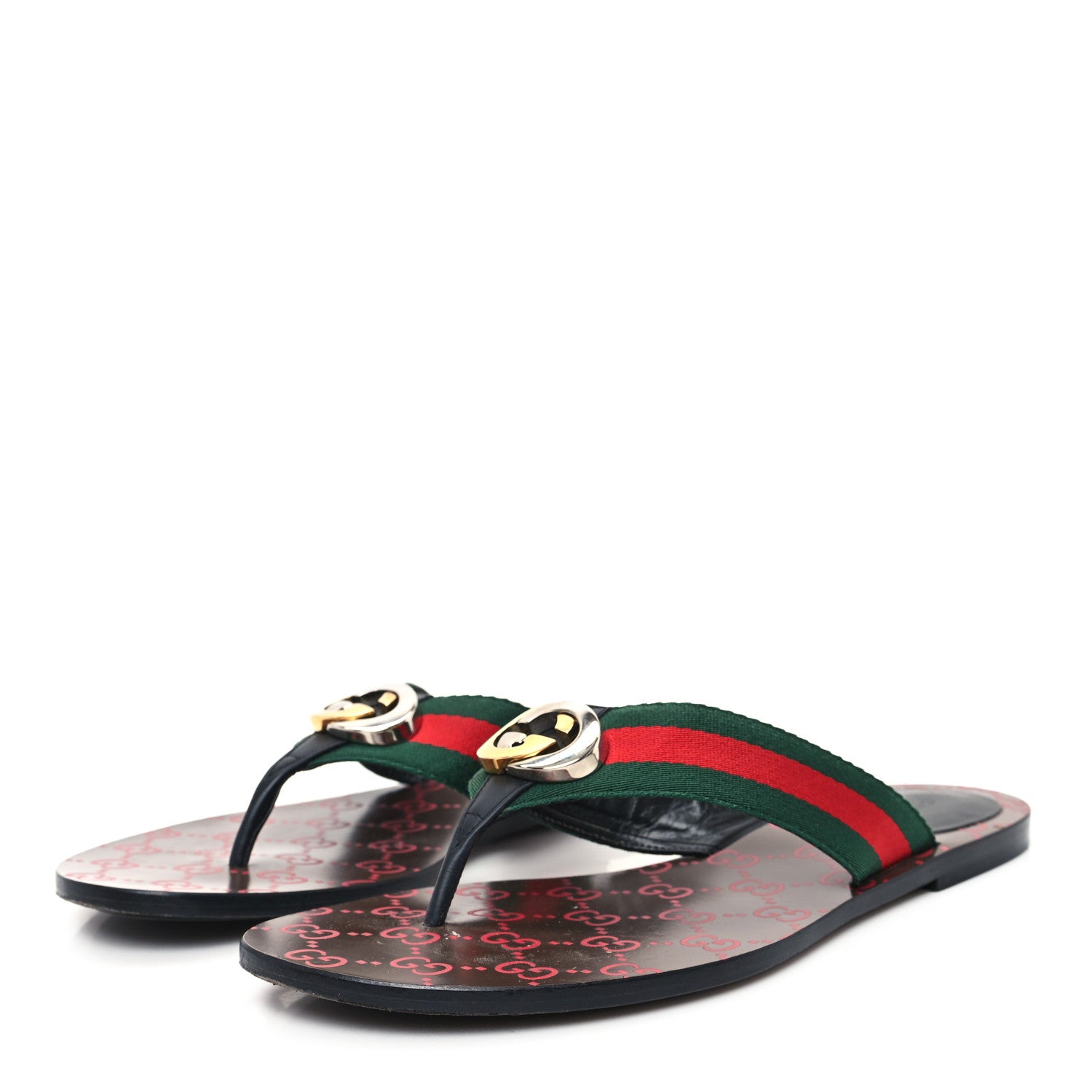 Gucci Nylon Calfskin Web GG Monogram Womens Thong Sandals 41 Green Red Cocoa 4 of 10