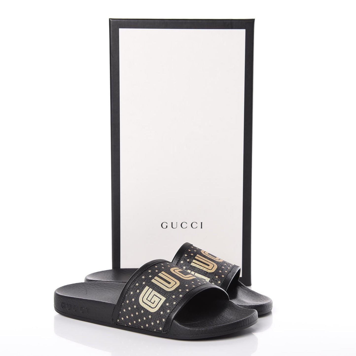 X SEGA Supreme Canvas GUCCY Stars Womens Slide Sandals 34 Black Gold