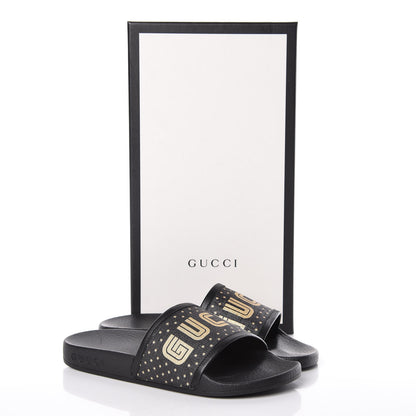 Gucci X SEGA Supreme Canvas GUCCY Stars Womens Slide Sandals 34 Black Gold 8 of 8