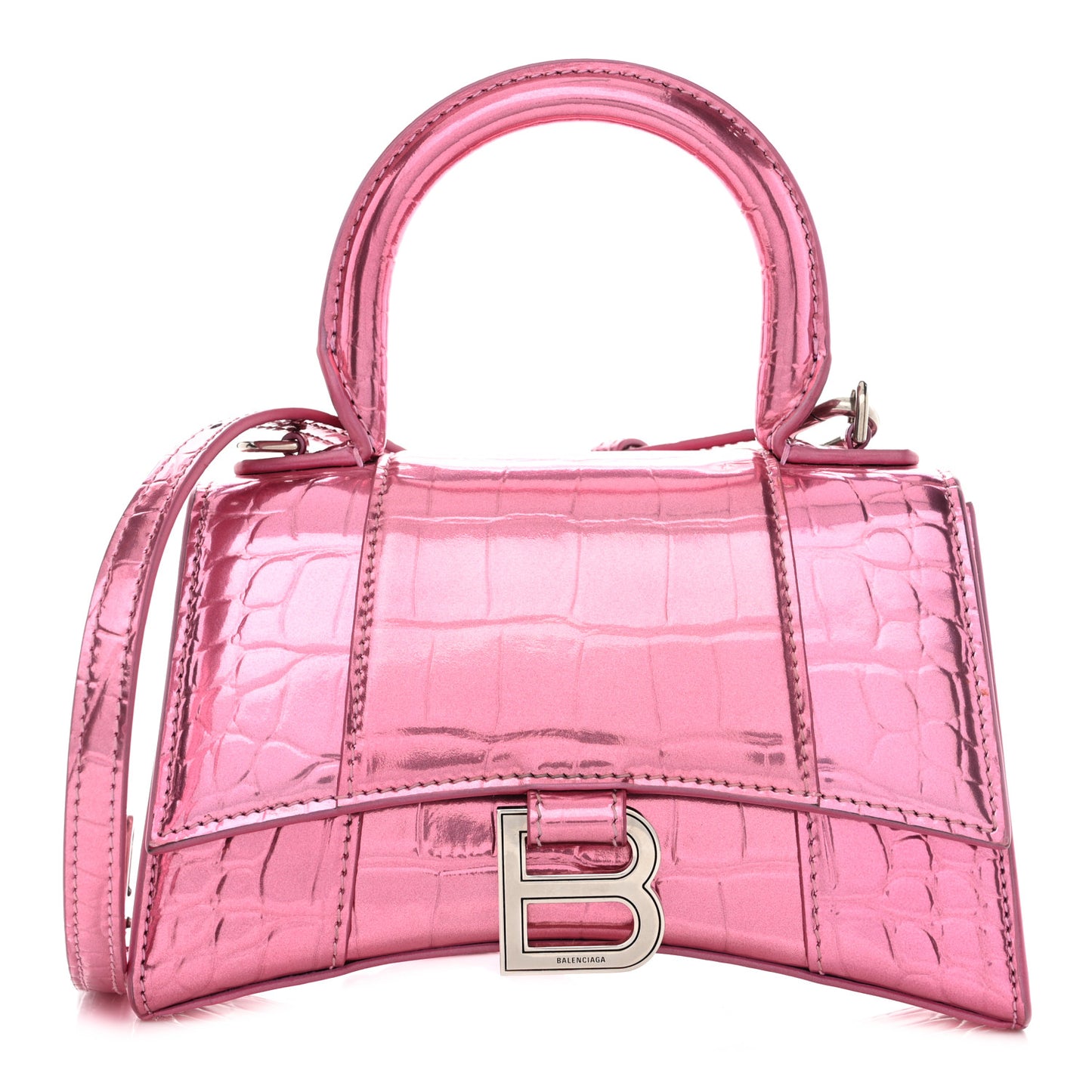 Metallic Shiny Calfskin Crocodile Embossed Hourglass Top Handle Bag XS Pink