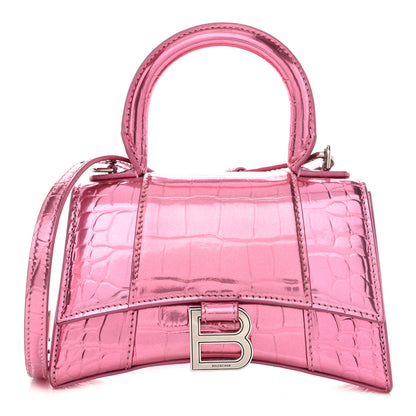 Balenciaga Metallic Shiny Calfskin Crocodile Embossed Hourglass Top Handle Bag XS Pink 1 of 12