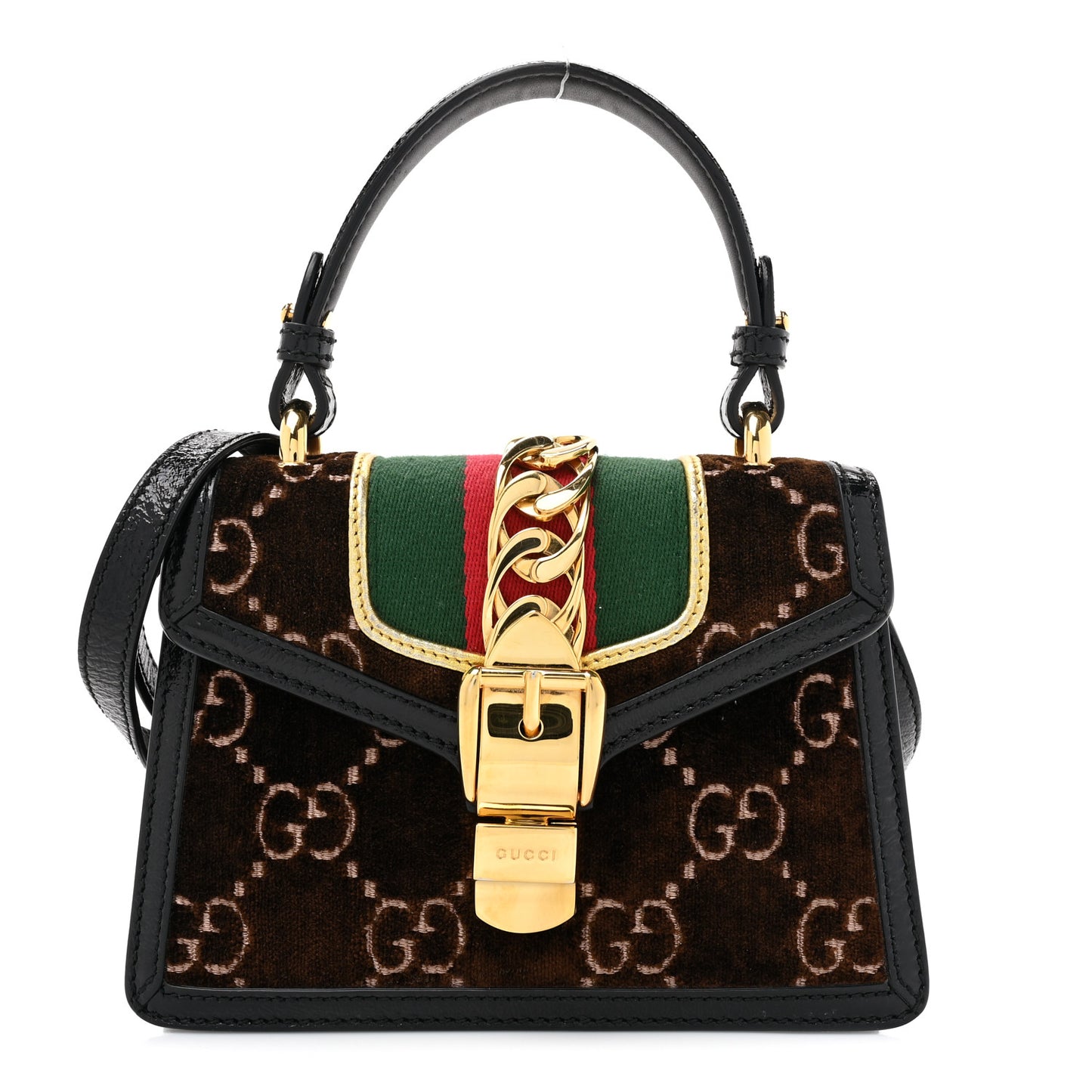 Velvet GG Monogram Web Mini Sylvie Top Handle Bag Brown Black Oro Vecchio
