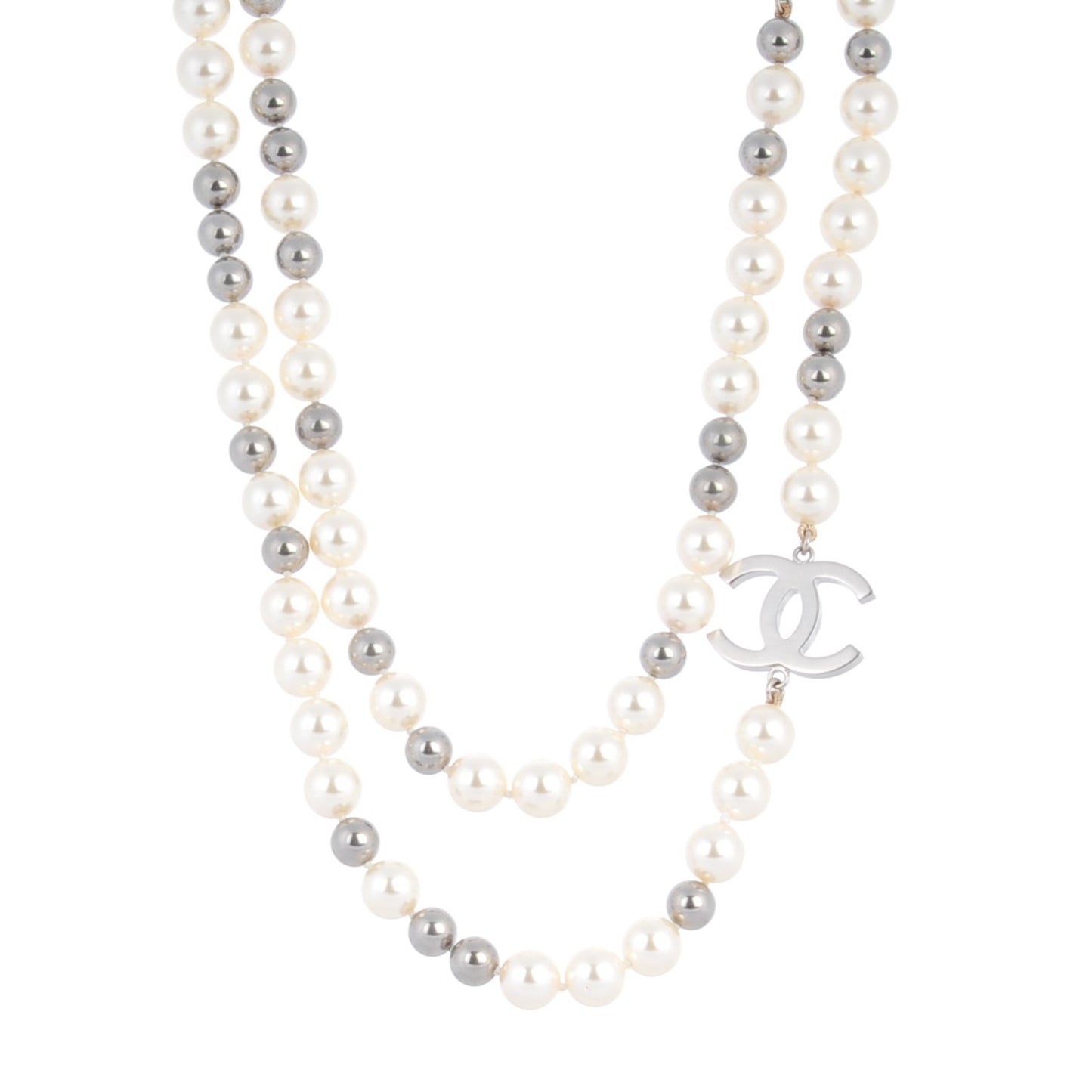 Graduated Pearl Crystal CC Long Necklace White Grey
