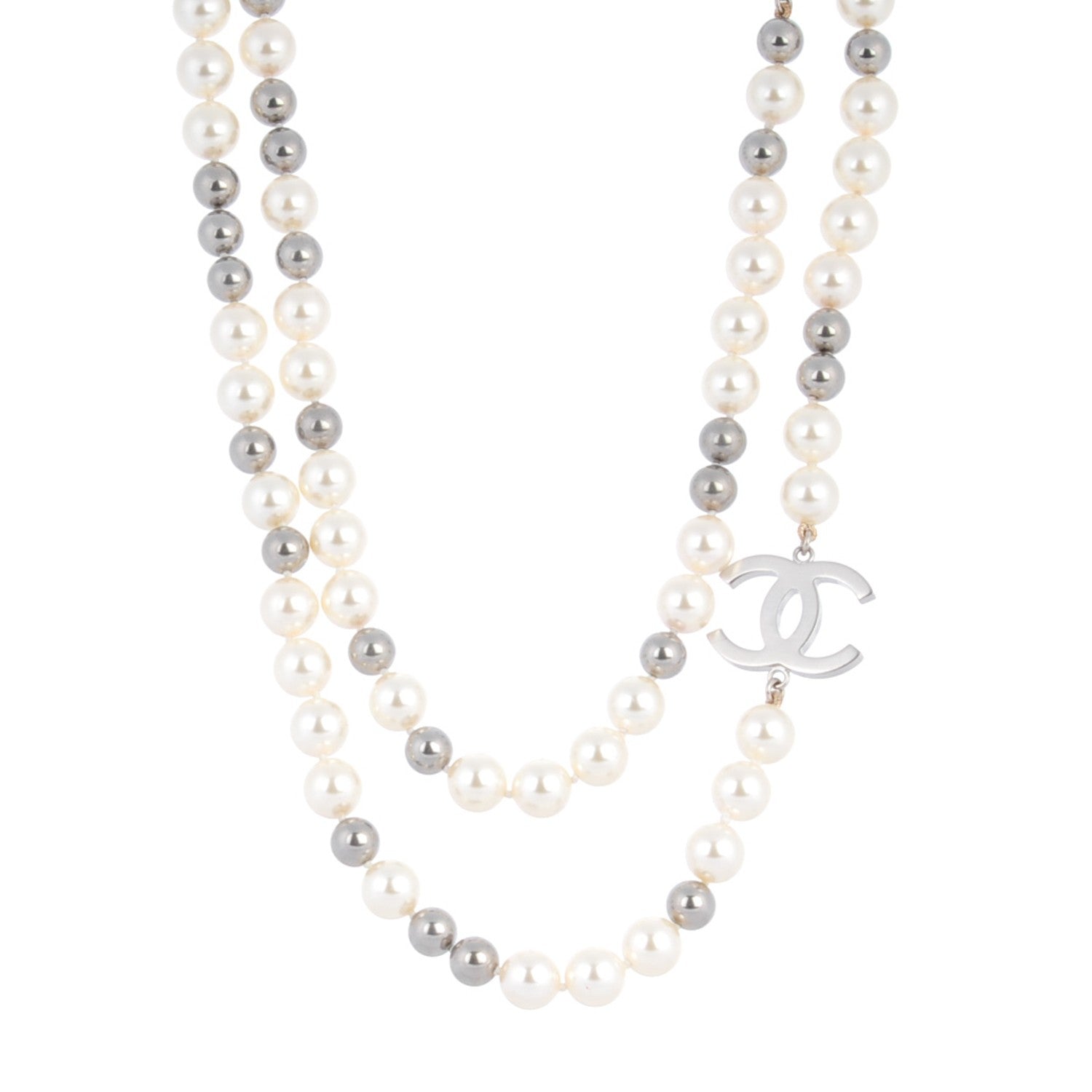 Chanel Graduated Pearl Crystal CC Long Necklace White Grey 1 of 4