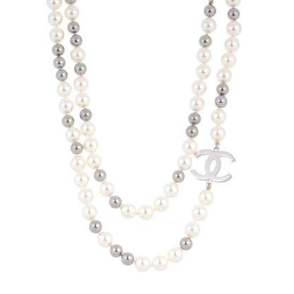 Chanel Graduated Pearl Crystal CC Long Necklace White Grey 1 of 4