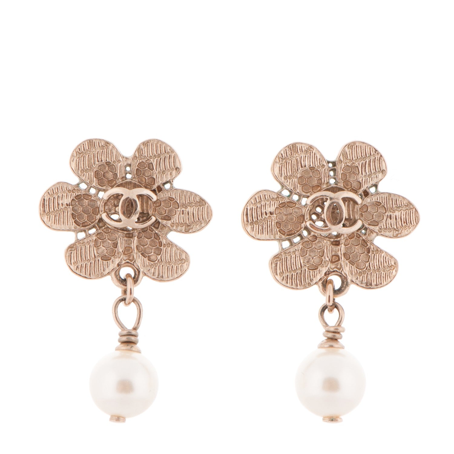Chanel Pearl CC Camellia Dangle Earrings Gold 1 of 4