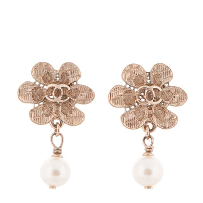 Chanel Pearl CC Camellia Dangle Earrings Gold 1 of 4