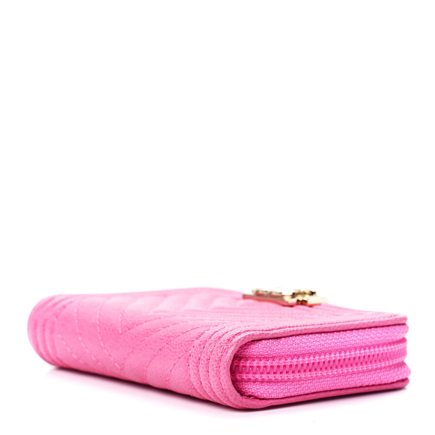 Caviar Chevron Quilted Boy Zip Around Coin Purse Wallet Pink