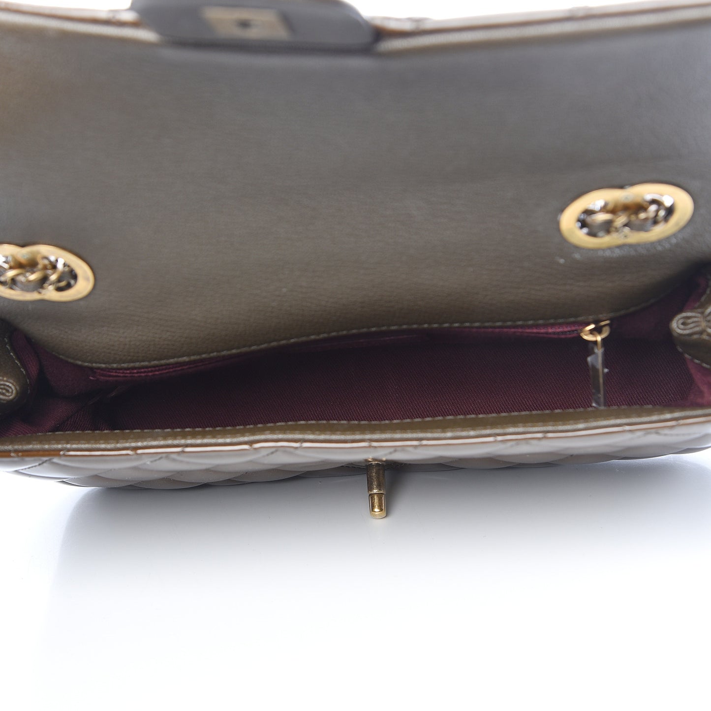 Patent Goatskin Quilted Medium CC Eyelet Flap Khaki