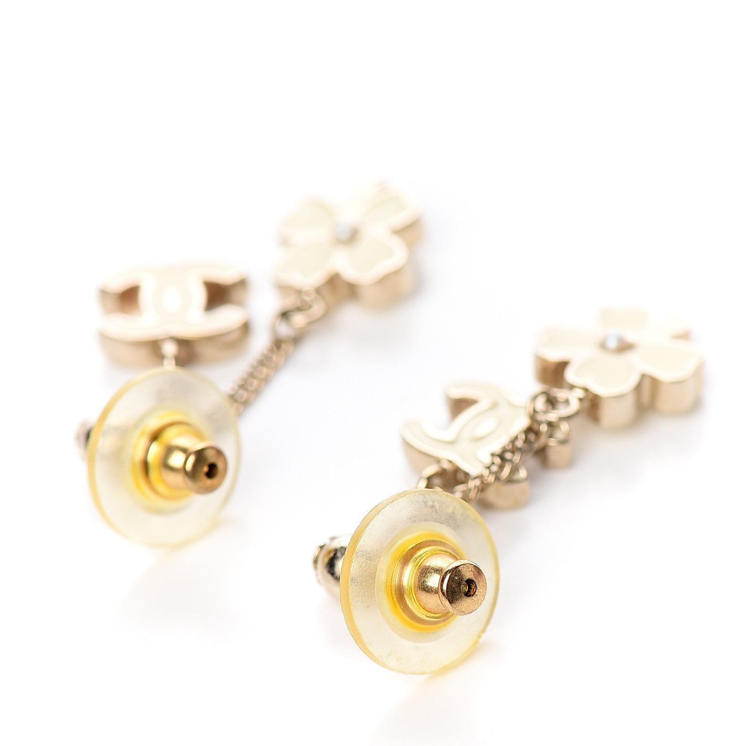 Chanel Enamel Pearl Clover CC Drop Earrings Gold 2 of 2