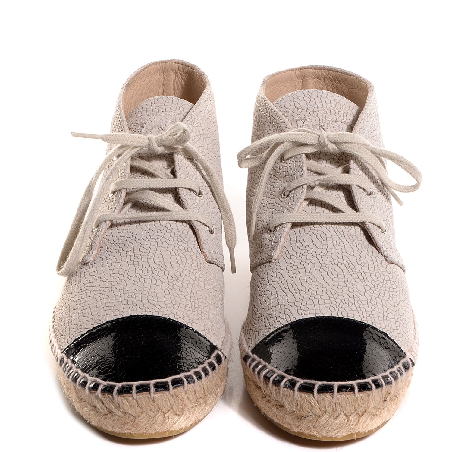 Chanel Crackled Calfskin Lace Up Espadrilles Beige Black 41 2 of 6