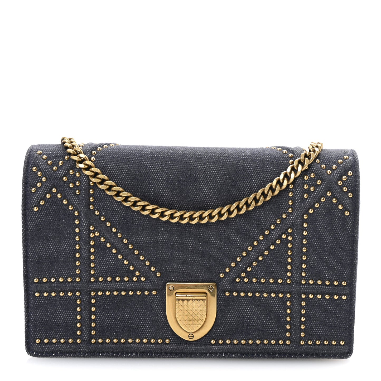 Denim Studded Diorama Wallet On Chain Blue