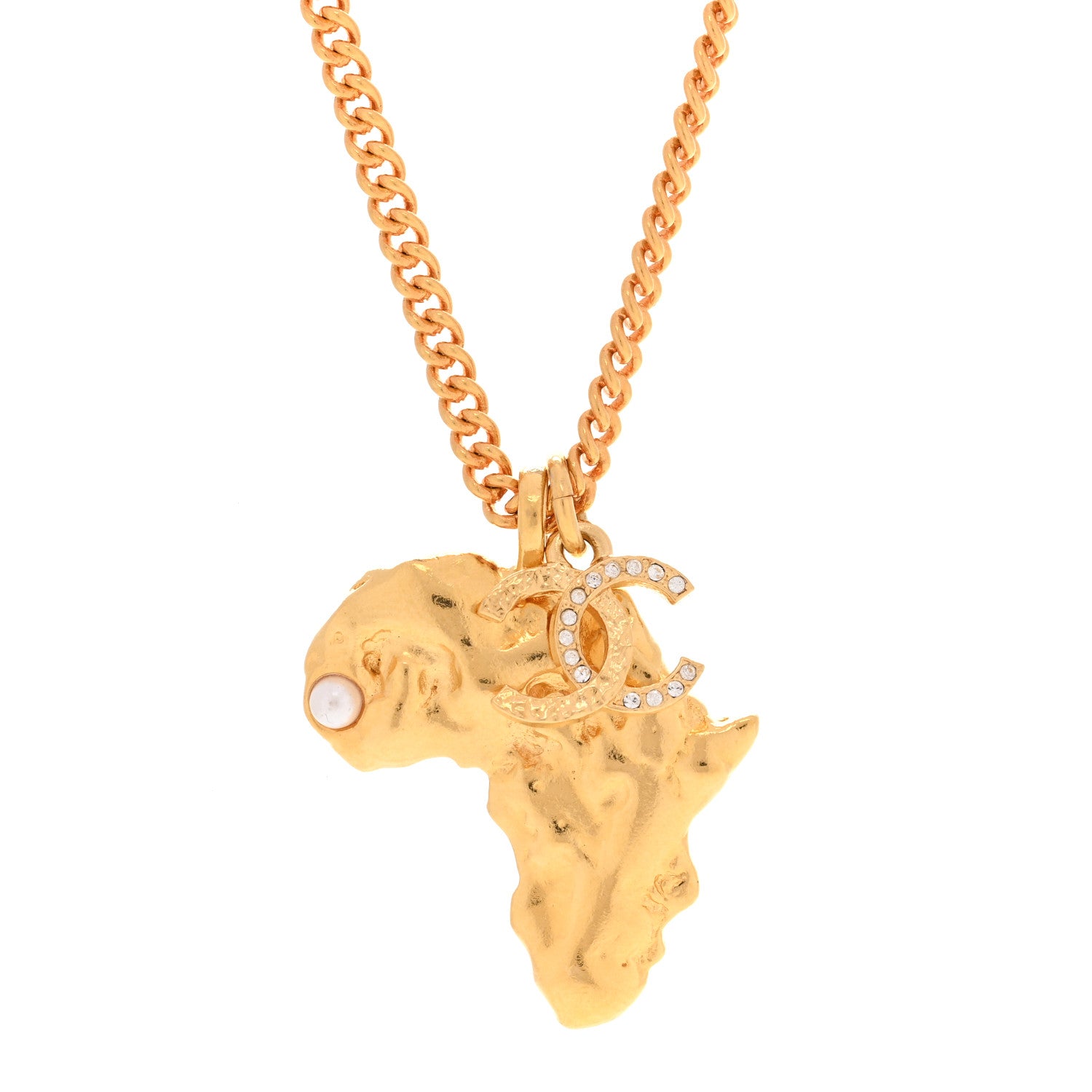 Chanel Crystal Pearl CC Africa Pendant Necklace Gold White 1873713