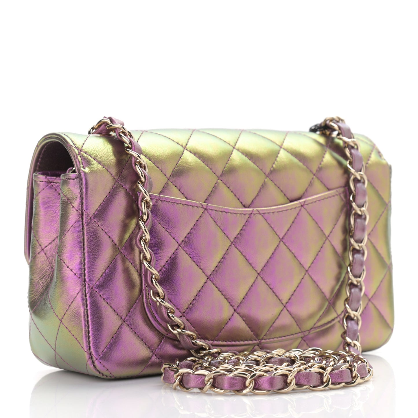 Iridescent Lambskin Quilted Mini Rectangular Flap Purple