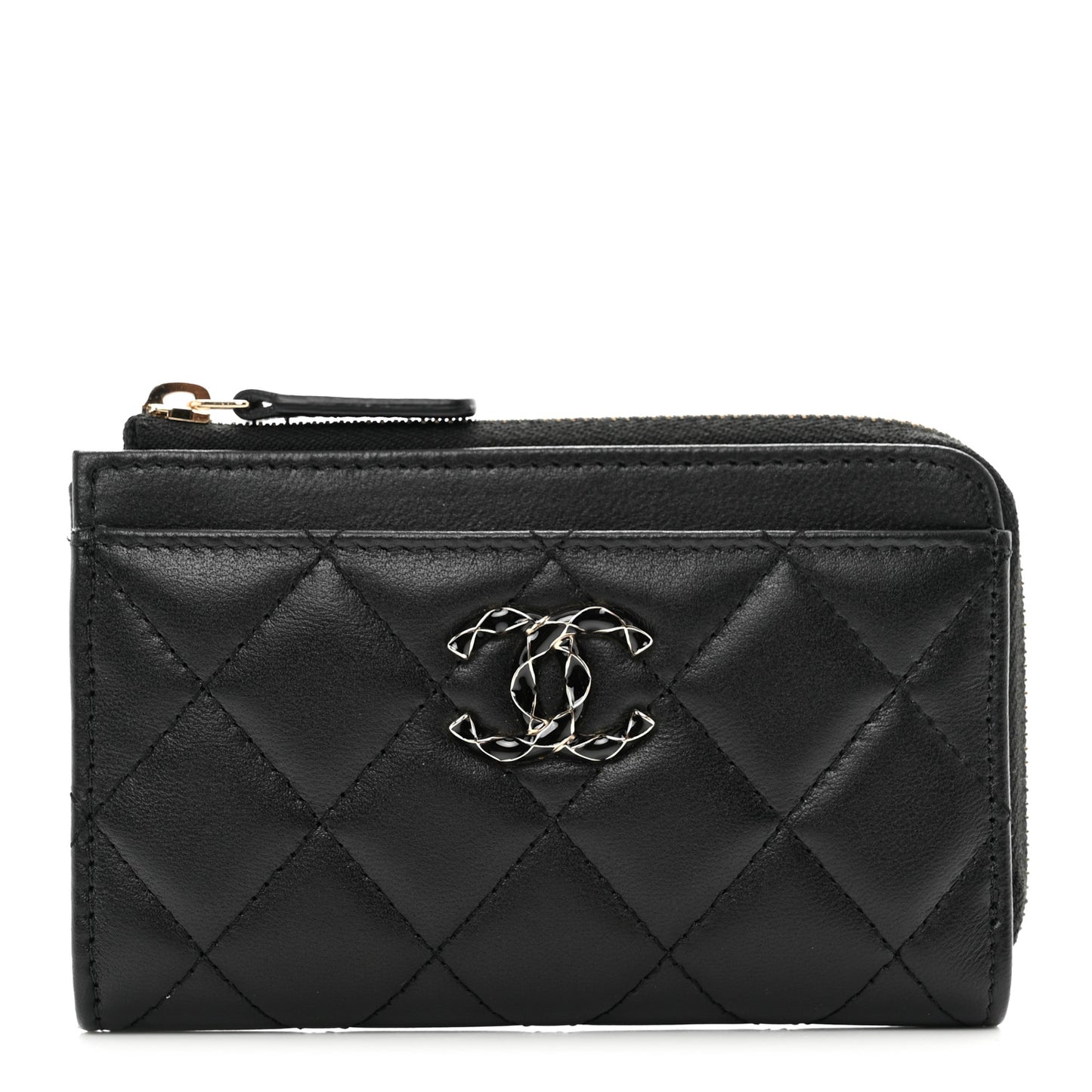 Lambskin Enamel Quilted Zippered Card Holder Black
