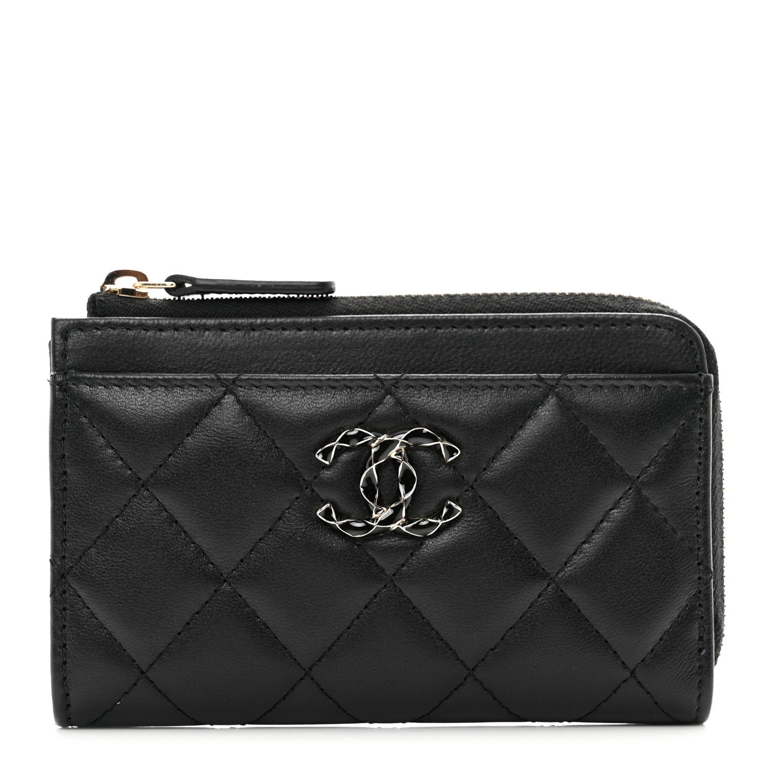 Chanel Lambskin Enamel Quilted Zippered Card Holder Black 1 of 8