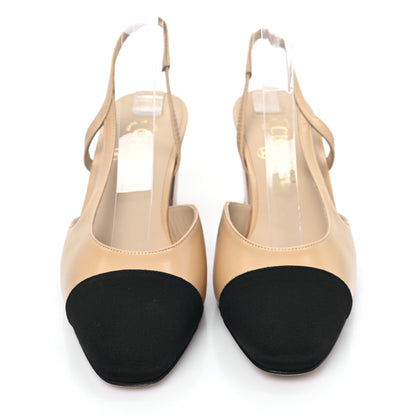 Chanel Goatskin Grosgrain Cap Toe CC Slingback Pumps 37.5 Beige Black 2 of 9