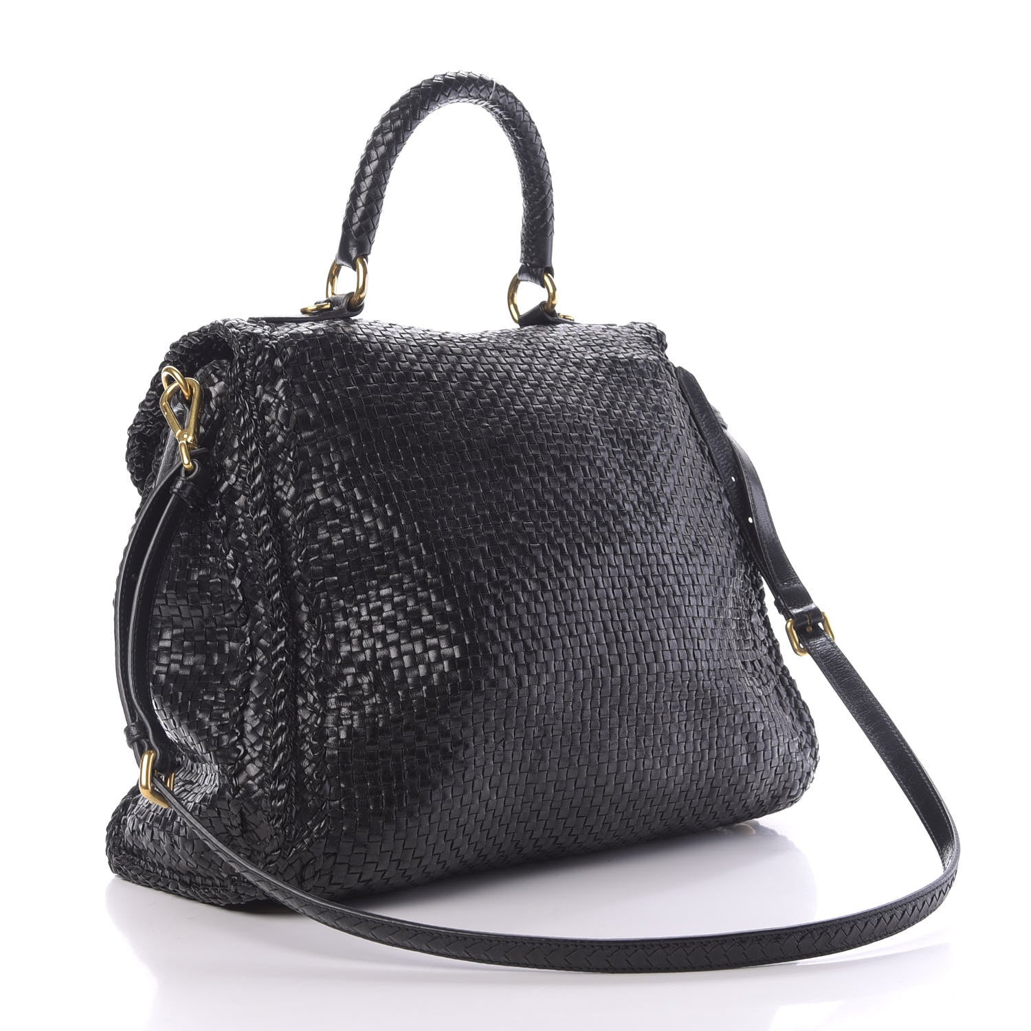 Prada Goatskin Woven Top Handle Satchel Black 3 of 14