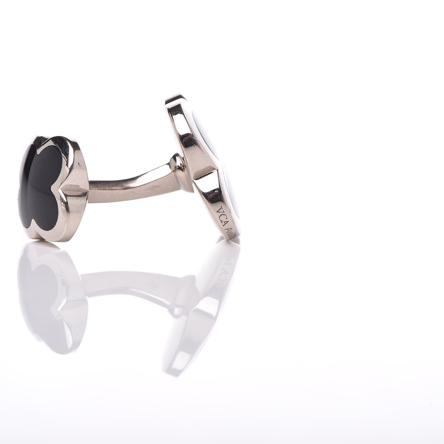 Van Cleef & Arpels 18K White Gold Black Onyx Alhambra Cufflinks 5 of 6